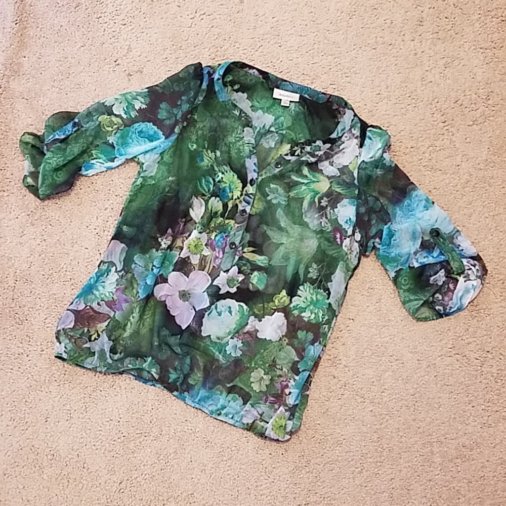 Floral deep color sheer top - size Large